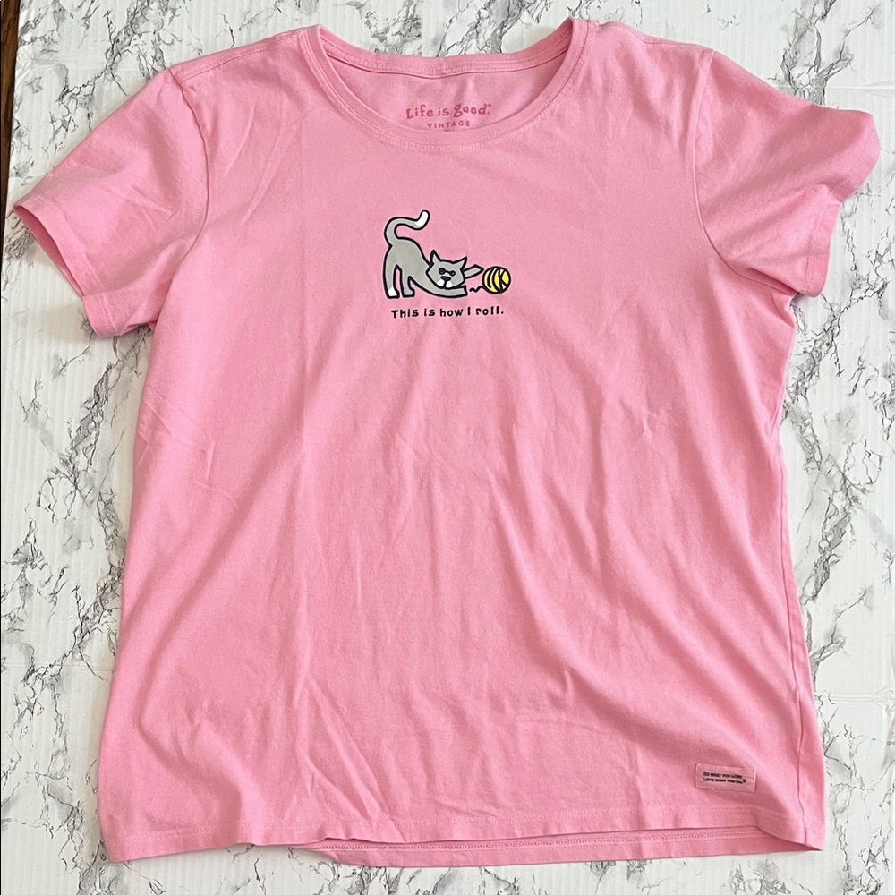 Life Is Good Pink Tee with Cat and Yarn Graphic